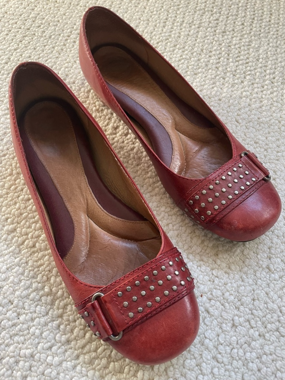 Nurture Red Leather Flats | Studded Strap Comfort Wedge Shoes